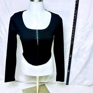 Bozzolo Womens Black Ribbed Corset Style Hook & Eye Long Sleeve Top/Medium/NWT